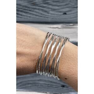 Southwestern Multi Wire Cuff Bracelet Silver Tone Wide Stacked Boho Western 6.5”